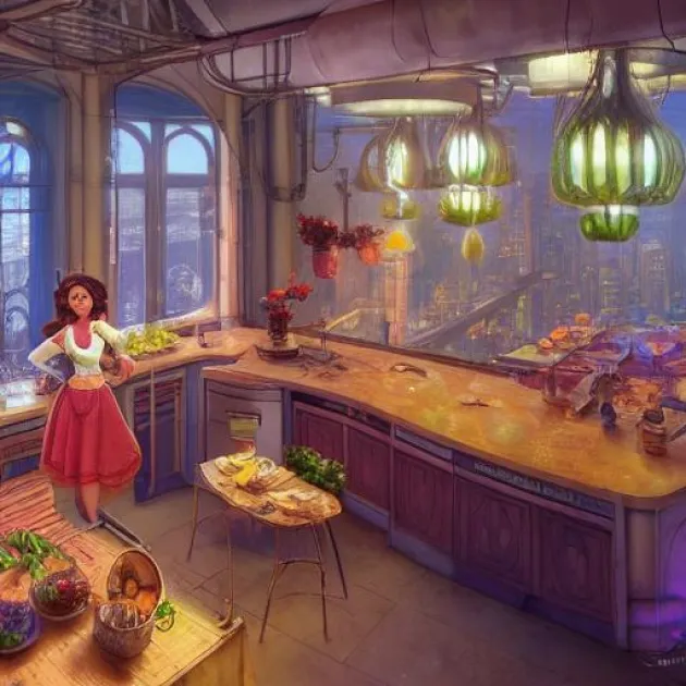 Beautiful open kitchen overlooking a solarpunk vibrant city with greenery